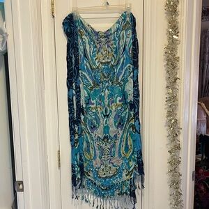 Blue and Green Patterned scarf with Fringe